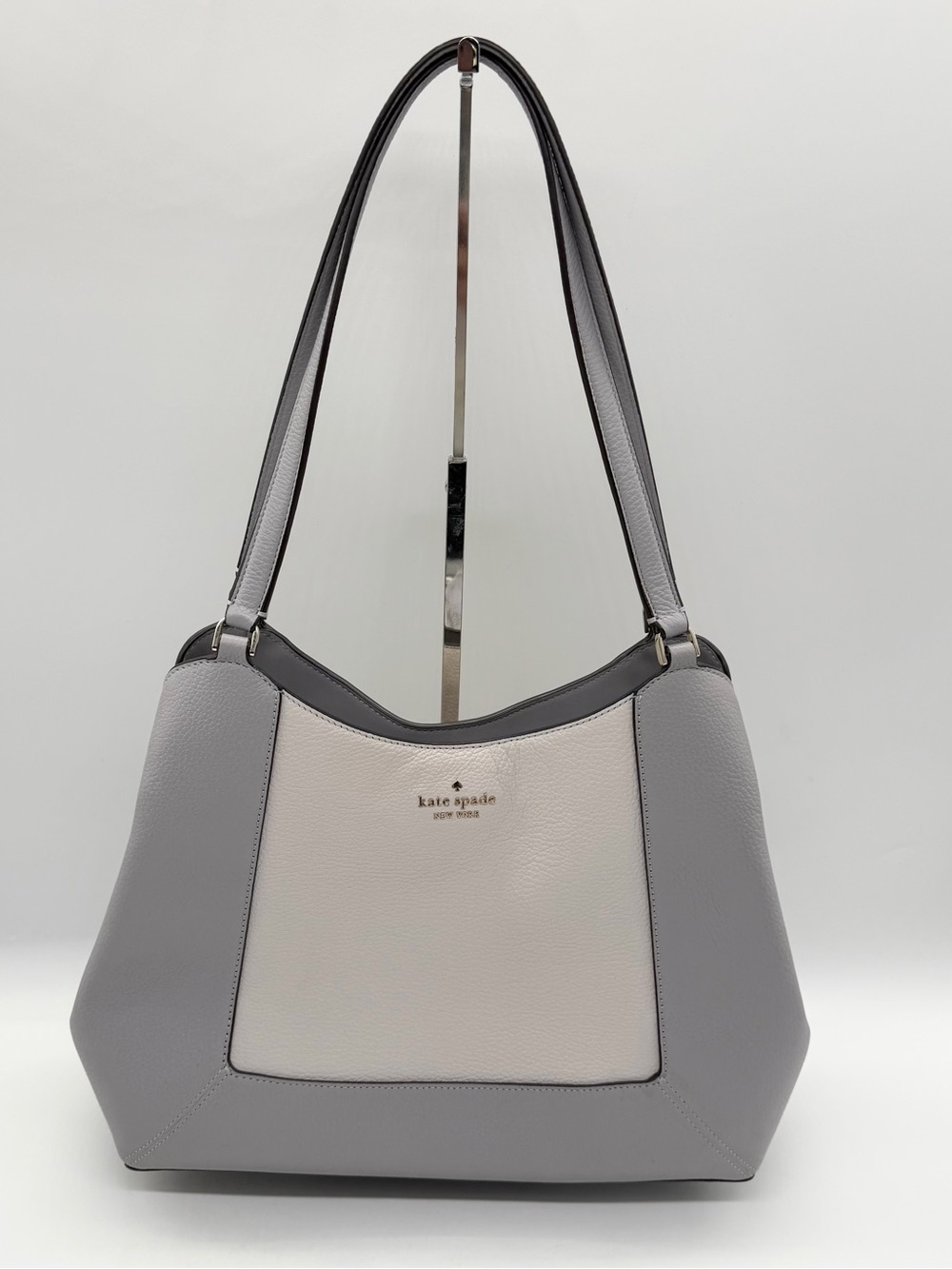 Kate Spade Lena Large 3-Compartment Shoulder Bag Ivory & Gray Leather Women
